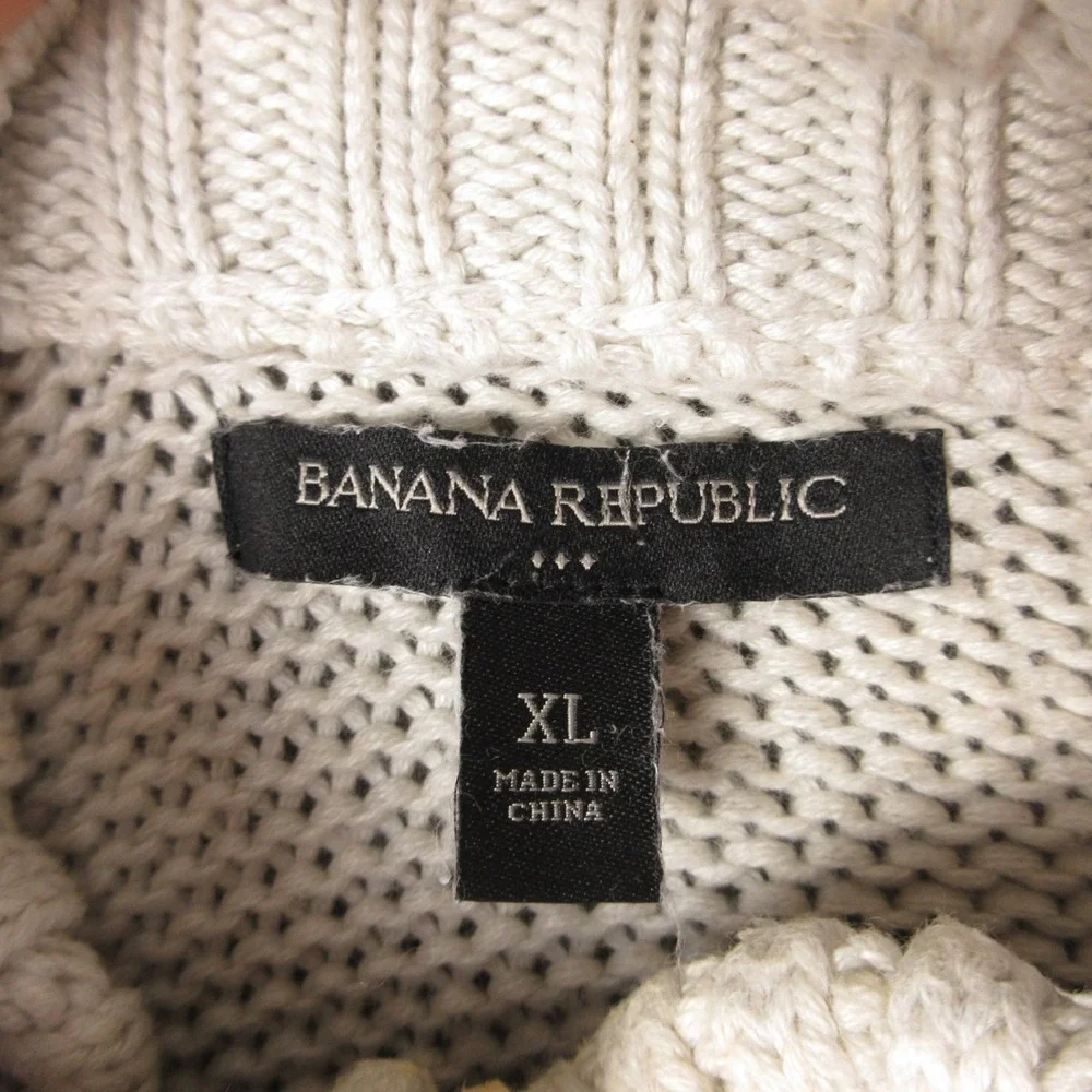 Banana Republic Sweater Mens XL Cream Cable Knit Fisherman 1/4 Button Mock Neck